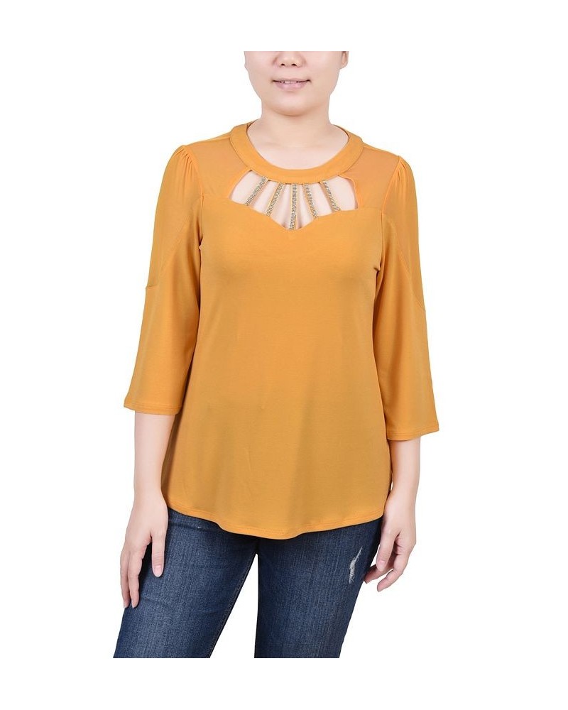 Petite 3/4 Sleeve Top with Neckline Cutouts and Stones Gold $15.44 Tops