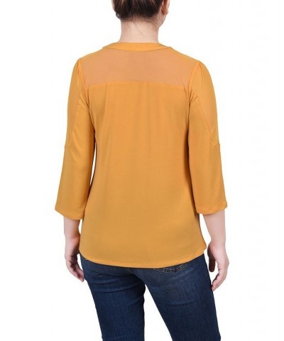 Petite 3/4 Sleeve Top with Neckline Cutouts and Stones Gold $15.44 Tops