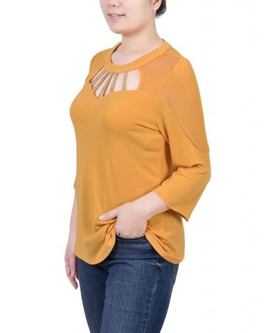 Petite 3/4 Sleeve Top with Neckline Cutouts and Stones Gold $15.44 Tops