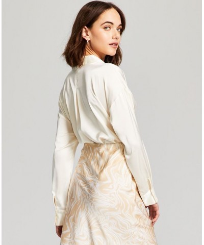 Women's Drop-Shoulder Button Down Satin Blouse Ivory/Cream $19.71 Tops