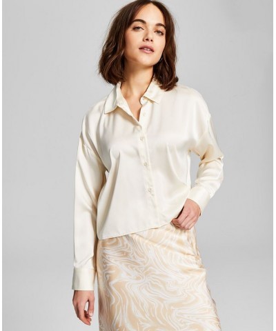 Women's Drop-Shoulder Button Down Satin Blouse Ivory/Cream $19.71 Tops