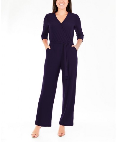 Petite 3/4 Sleeve Printed Belted Jumpsuit Blue $17.63 Pants