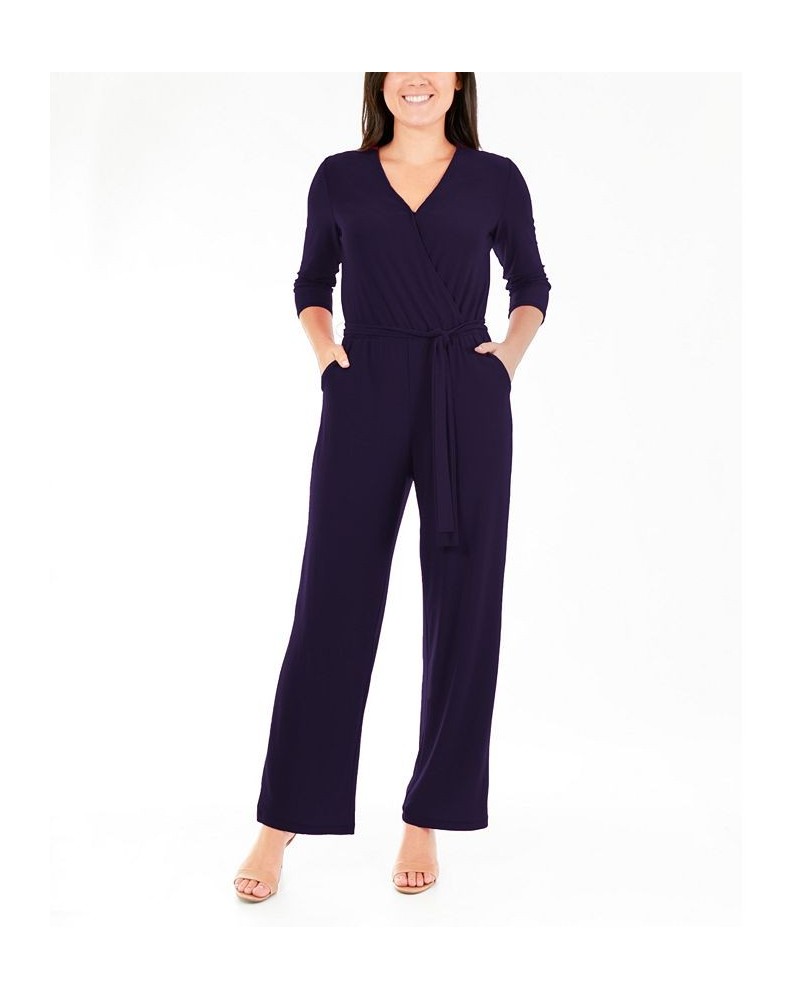 Petite 3/4 Sleeve Printed Belted Jumpsuit Blue $17.63 Pants