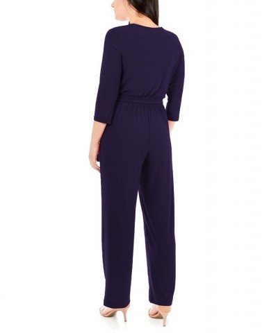 Petite 3/4 Sleeve Printed Belted Jumpsuit Blue $17.63 Pants