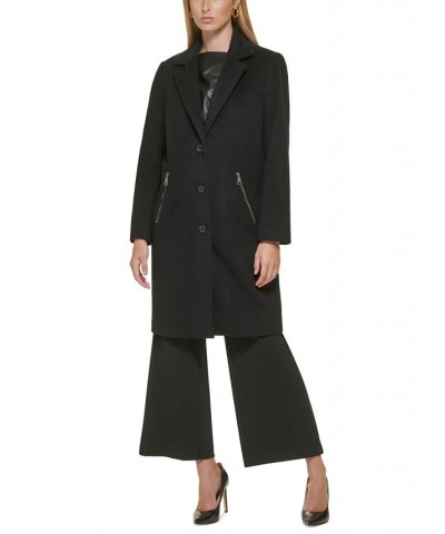 Women's Petite Button-Front Zip-Pocket Walker Coat Black $74.00 Coats