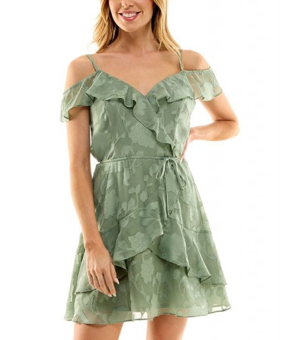Juniors' Floral-Jacquard Cold-Shoulder Ruffle Dress Sage $23.60 Dresses