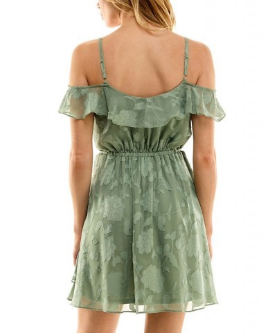 Juniors' Floral-Jacquard Cold-Shoulder Ruffle Dress Sage $23.60 Dresses