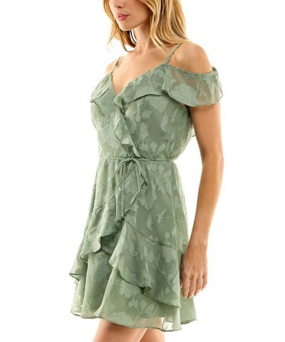 Juniors' Floral-Jacquard Cold-Shoulder Ruffle Dress Sage $23.60 Dresses