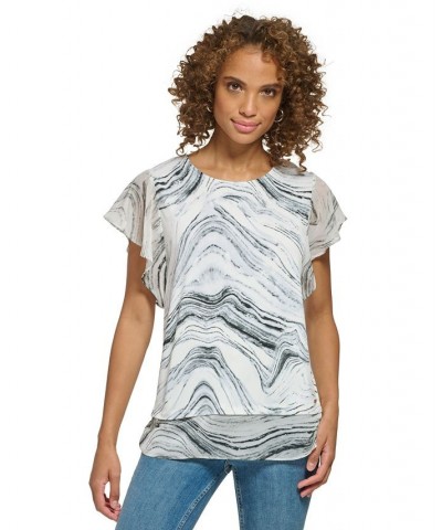 Printed Flutter Sleeve Top White $36.84 Tops