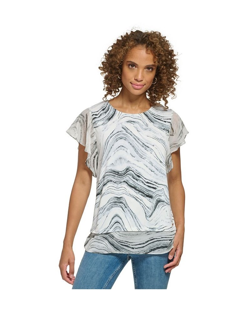 Printed Flutter Sleeve Top White $36.84 Tops