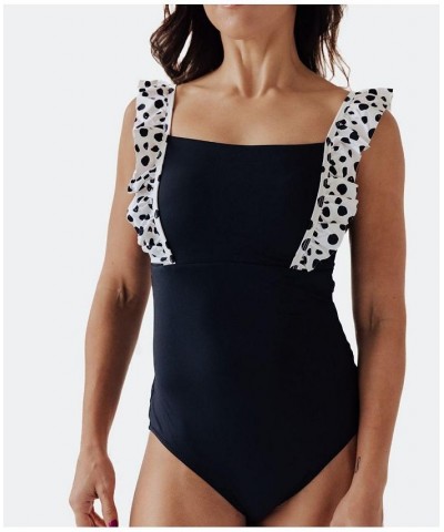 Women's Dalmatians on Vacation Ruffle One Piece Swimsuit Black with polka dot $40.80 Swimsuits