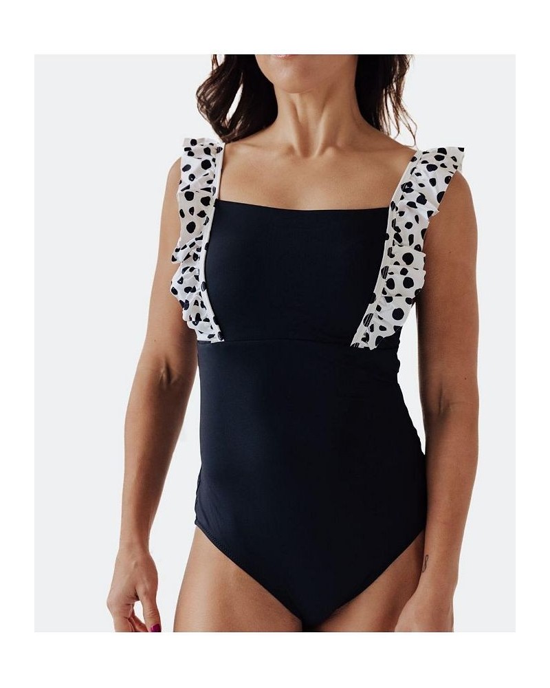 Women's Dalmatians on Vacation Ruffle One Piece Swimsuit Black with polka dot $40.80 Swimsuits