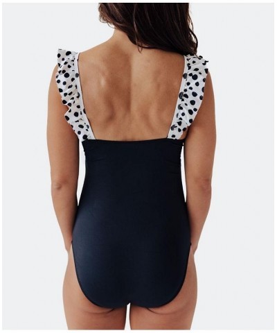 Women's Dalmatians on Vacation Ruffle One Piece Swimsuit Black with polka dot $40.80 Swimsuits