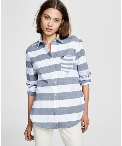 Women's Striped Contrast-Collar Shirt & High-Rise Skinny Ankle Jeans BRIGHT WHITE/ SKY CAPTAIN $24.53 Jeans