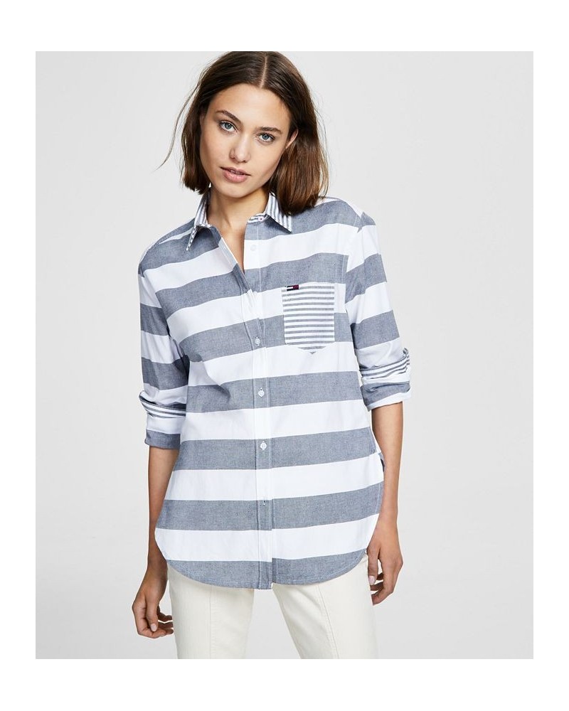 Women's Striped Contrast-Collar Shirt & High-Rise Skinny Ankle Jeans BRIGHT WHITE/ SKY CAPTAIN $24.53 Jeans