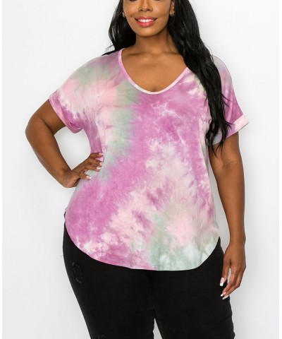 Plus Size Hand Tie Dye V-Neck Rolled Sleeve Top Magenta/Sage $21.45 Tops