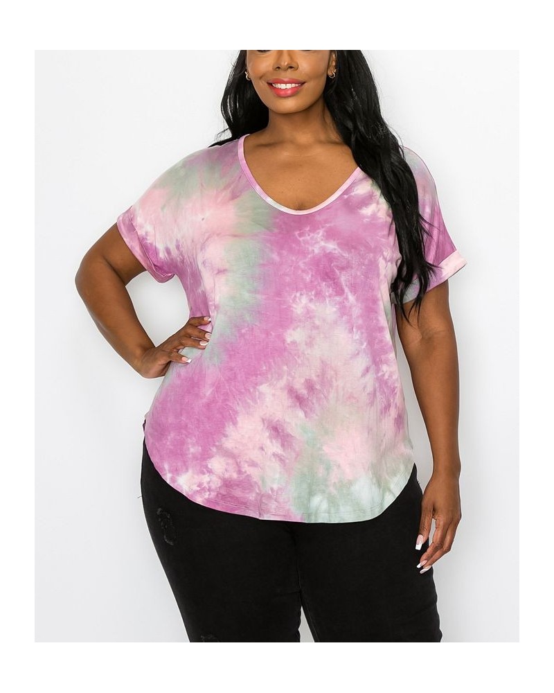 Plus Size Hand Tie Dye V-Neck Rolled Sleeve Top Magenta/Sage $21.45 Tops