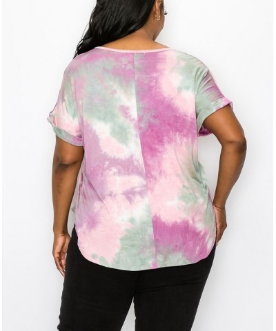 Plus Size Hand Tie Dye V-Neck Rolled Sleeve Top Magenta/Sage $21.45 Tops