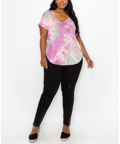 Plus Size Hand Tie Dye V-Neck Rolled Sleeve Top Magenta/Sage $21.45 Tops