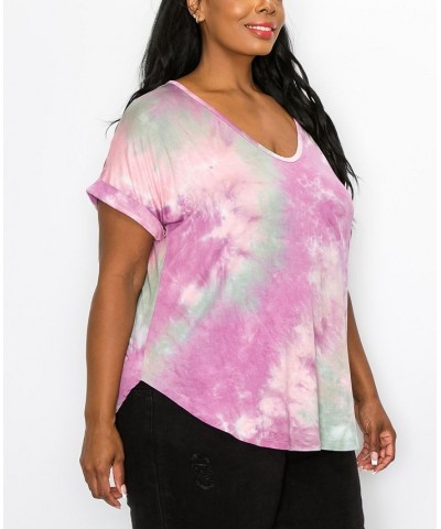 Plus Size Hand Tie Dye V-Neck Rolled Sleeve Top Magenta/Sage $21.45 Tops