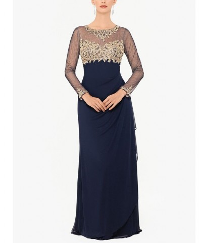 Women's Sequin Embellished Ruched Illusion-Sleeve Gown Navy/Gold $82.88 Dresses