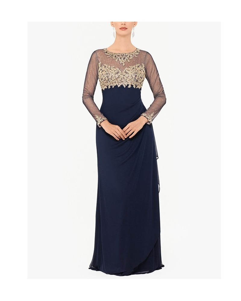 Women's Sequin Embellished Ruched Illusion-Sleeve Gown Navy/Gold $82.88 Dresses