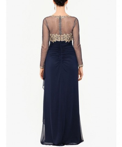 Women's Sequin Embellished Ruched Illusion-Sleeve Gown Navy/Gold $82.88 Dresses