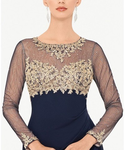 Women's Sequin Embellished Ruched Illusion-Sleeve Gown Navy/Gold $82.88 Dresses