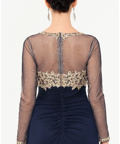 Women's Sequin Embellished Ruched Illusion-Sleeve Gown Navy/Gold $82.88 Dresses