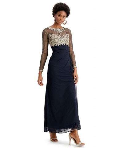 Women's Sequin Embellished Ruched Illusion-Sleeve Gown Navy/Gold $82.88 Dresses