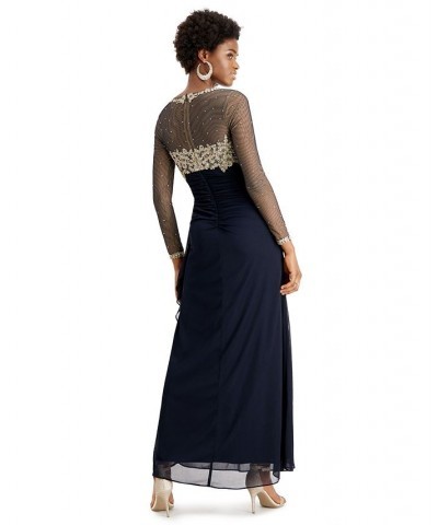 Women's Sequin Embellished Ruched Illusion-Sleeve Gown Navy/Gold $82.88 Dresses