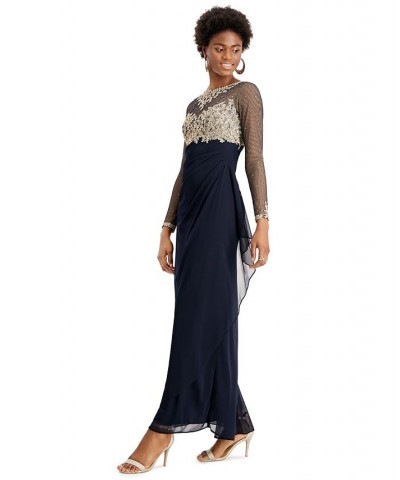 Women's Sequin Embellished Ruched Illusion-Sleeve Gown Navy/Gold $82.88 Dresses