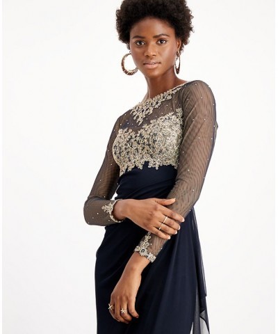 Women's Sequin Embellished Ruched Illusion-Sleeve Gown Navy/Gold $82.88 Dresses