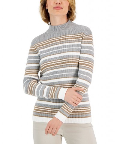 Women's Striped Cotton Mock Neck Sweater White $12.84 Sweaters
