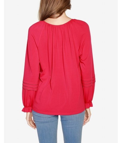 Women's Black Label Embellished Peasant Top Red $23.00 Tops