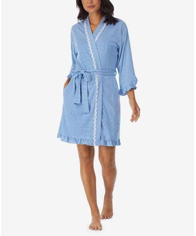 Women's Yarndye Knit Short Wrap Robe Blue and White Stripe $33.60 Sleepwear