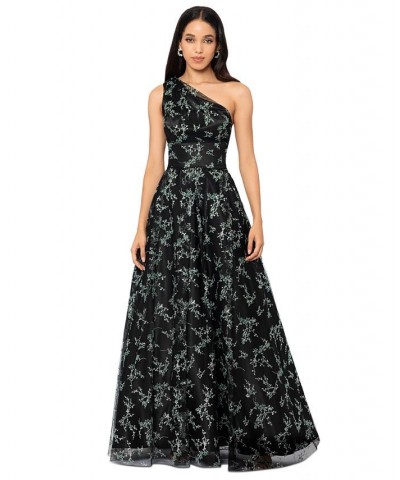 Juniors' Glitter-Pattern One-Shoulder Gown Black/Mint $83.70 Dresses