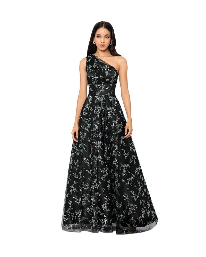 Juniors' Glitter-Pattern One-Shoulder Gown Black/Mint $83.70 Dresses