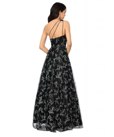 Juniors' Glitter-Pattern One-Shoulder Gown Black/Mint $83.70 Dresses