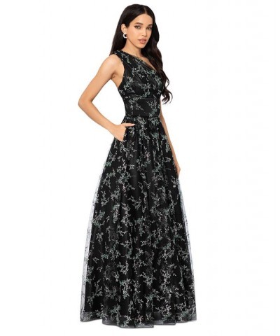 Juniors' Glitter-Pattern One-Shoulder Gown Black/Mint $83.70 Dresses