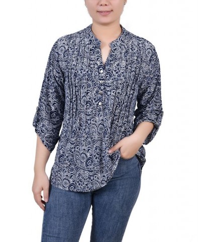 Petite 3/4 Roll Tab Sleeve Printed Pintuck Top Navy Paisley $14.40 Tops