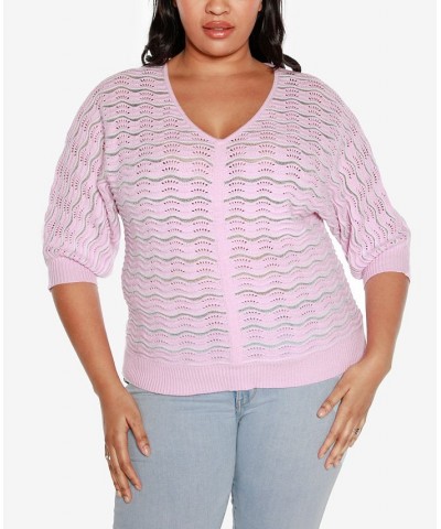 Black Label Plus Size Wavy Stripe V-neck Sweater Pink Lavender Combo $25.85 Sweaters