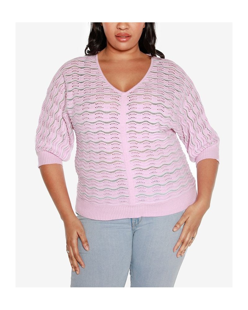 Black Label Plus Size Wavy Stripe V-neck Sweater Pink Lavender Combo $25.85 Sweaters