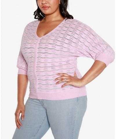 Black Label Plus Size Wavy Stripe V-neck Sweater Pink Lavender Combo $25.85 Sweaters