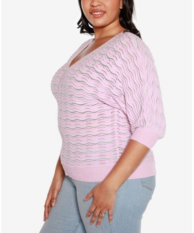 Black Label Plus Size Wavy Stripe V-neck Sweater Pink Lavender Combo $25.85 Sweaters