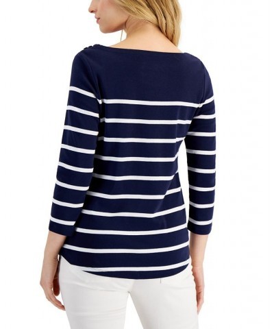 Women's Striped Boat-Neck 3/4-Sleeve Top Intrepid Blue Combo $10.25 Tops