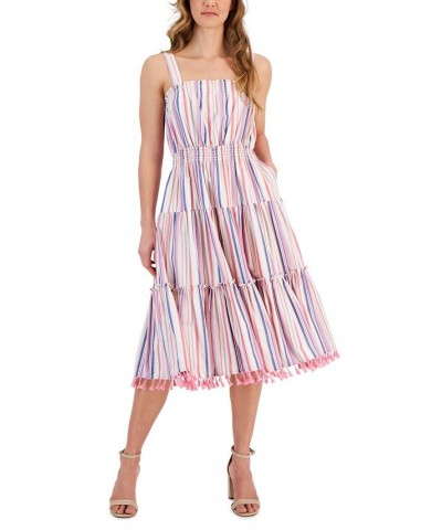 Women's Striped Sleeveless Tassel-Hem Dress Beige/Blue/Pink $58.83 Dresses