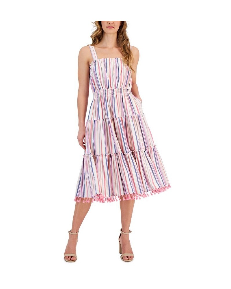 Women's Striped Sleeveless Tassel-Hem Dress Beige/Blue/Pink $58.83 Dresses