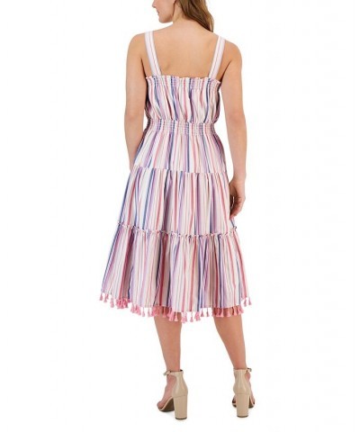 Women's Striped Sleeveless Tassel-Hem Dress Beige/Blue/Pink $58.83 Dresses