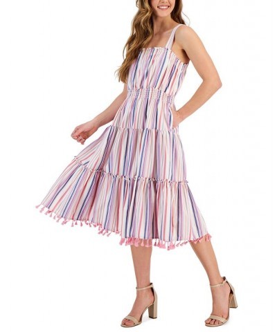 Women's Striped Sleeveless Tassel-Hem Dress Beige/Blue/Pink $58.83 Dresses